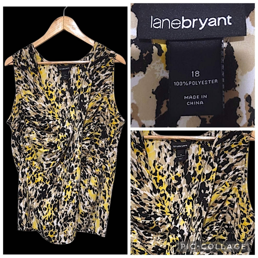 LaneBryant Black Yellow Leopard, Animal Print Draped Sleeveless Blouse 18, Nwot